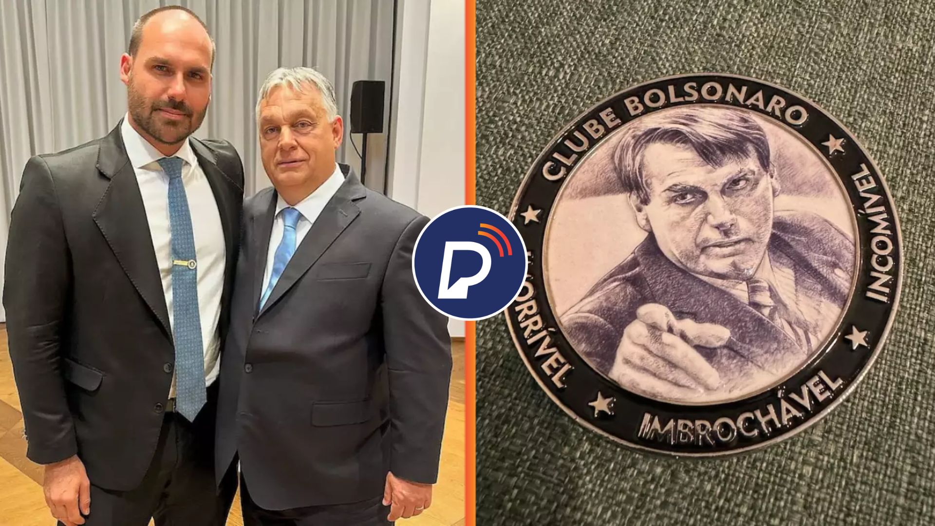 Eduardo Bolsonaro entrega medalha de 'imbrochável' para primeiro-ministro da Hungria Viktor Orbán. Montagem: Portal de Prefeitura