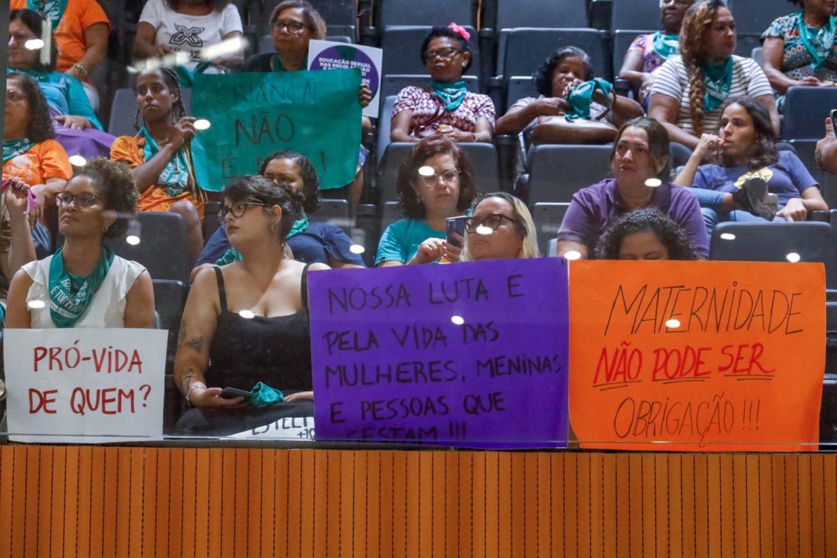 PROTESTOS – Organizações feministas se manifestaram contra a aprovação do projeto nas galerias. Foto: Nando Chiappetta

