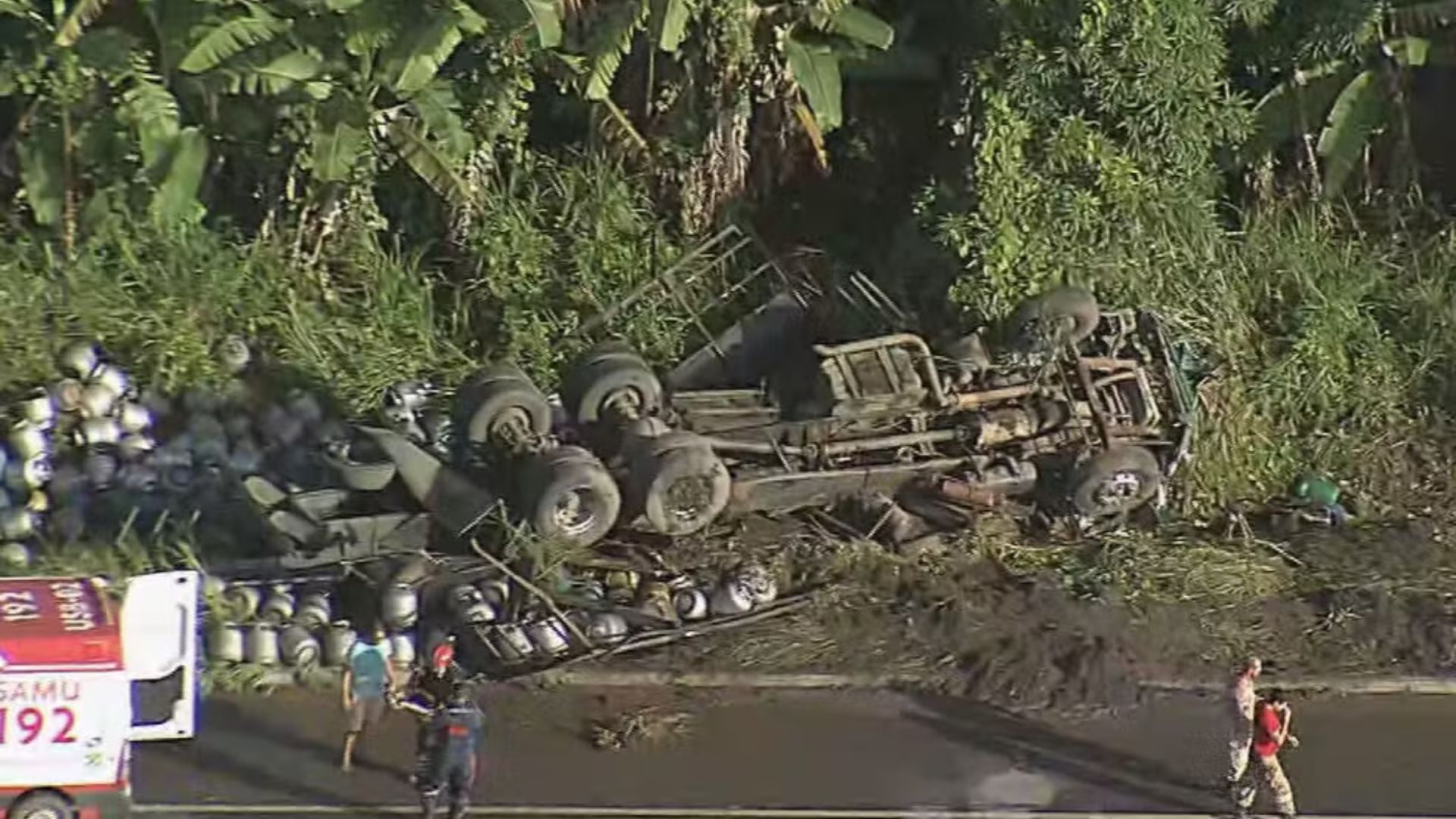 Caminhão tombou no acostamento da BR-101, em Jaboatão dos Guararapes — Foto: Reprodução/TV Globo