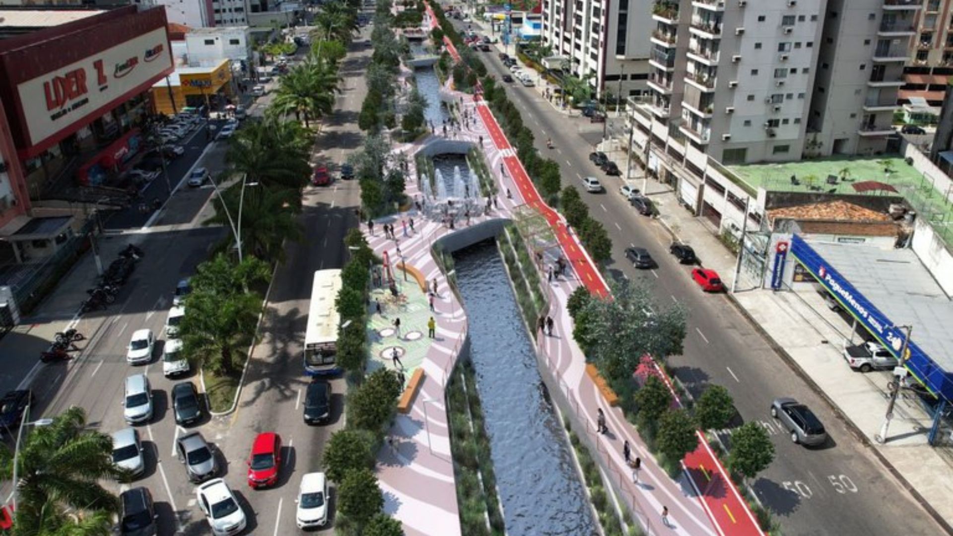 Projeção do futuro Parque Linear Doca, na Avenida Visconde de Souza Franco, em Belém. Foto: Divulgação/Planalto
