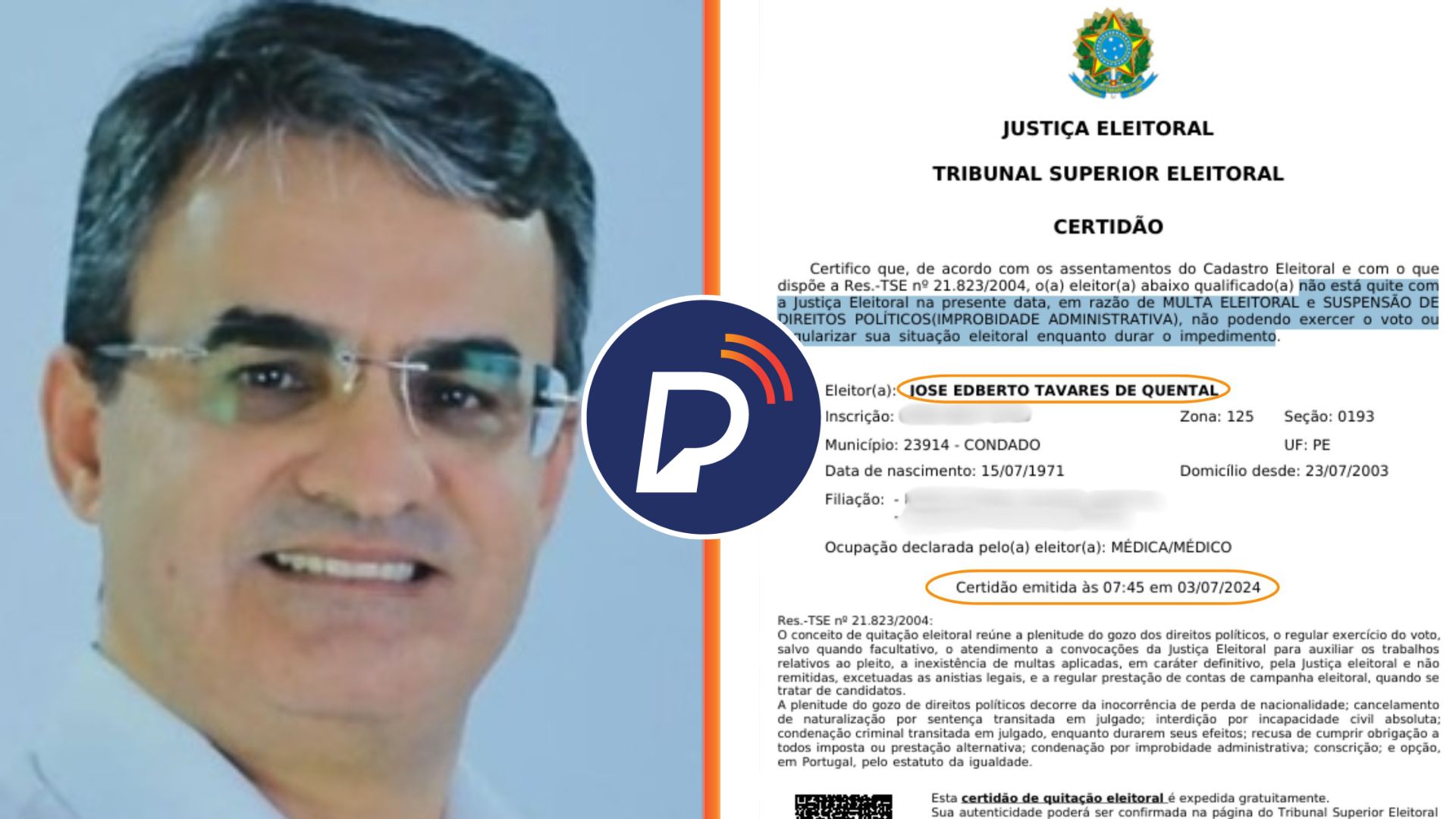 Edberto Quental, ex-prefeito de Condado, tem SUSPENSÃO DE DIREITOS POLÍTICOS, revela certidão do TSE. Imagem: Divulgação