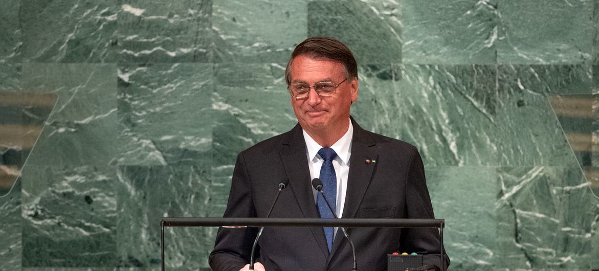 Ex-presidente Jair Bolsonaro durante discurso na ONU em 2022. Foto: UN Photo/Cia Pak