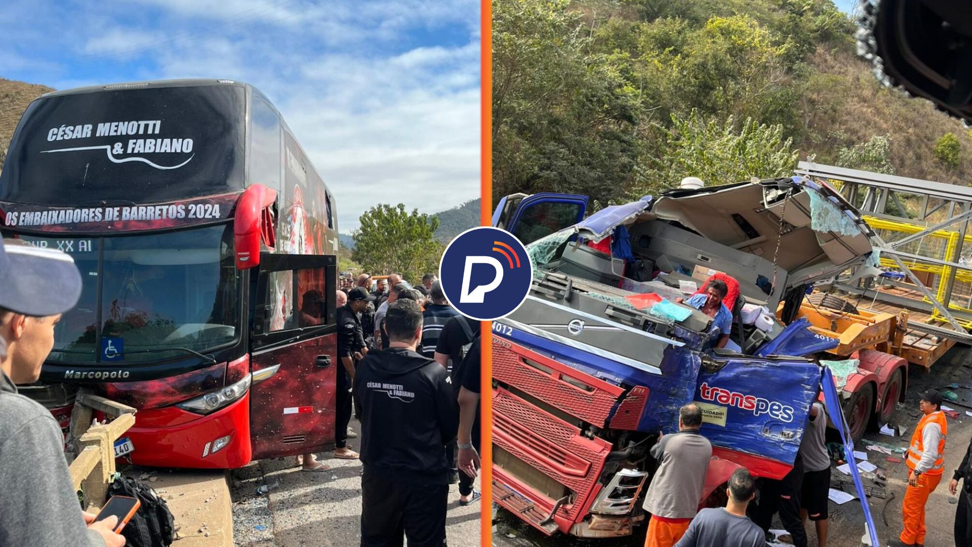 Ônibus da dupla sertaneja e carreta. Fotos: Reprodução/Redes Sociais